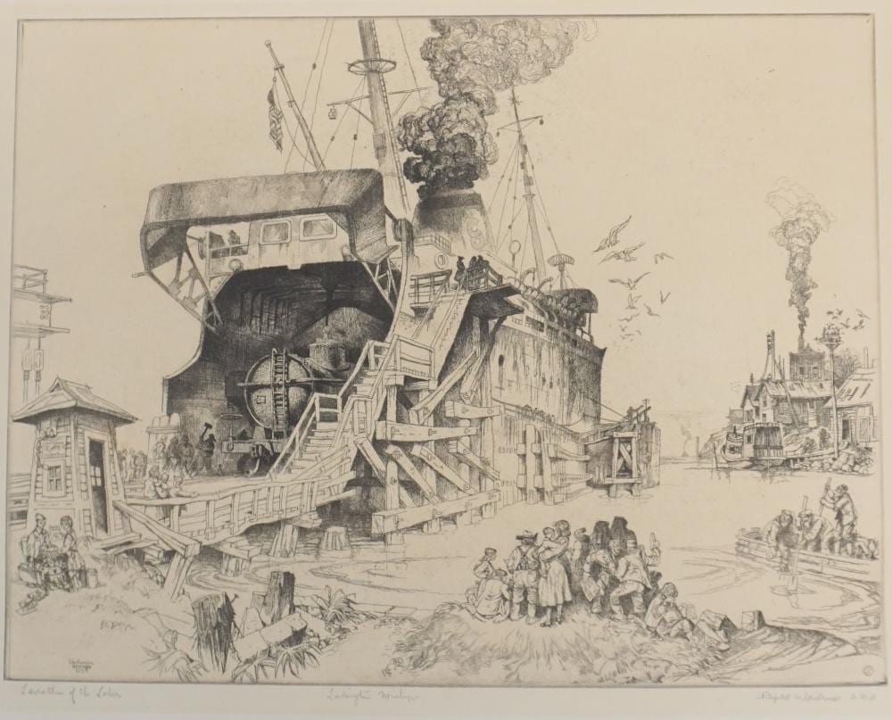 Reynold Henry Weidenaar comparable auction result: reynold henry weidenaar american 1915 1985 leviathan of the lakes ludington michigan 1954 etching unframed 14 3 4 x 19 3 4 in 37 5 x 50 2 cm