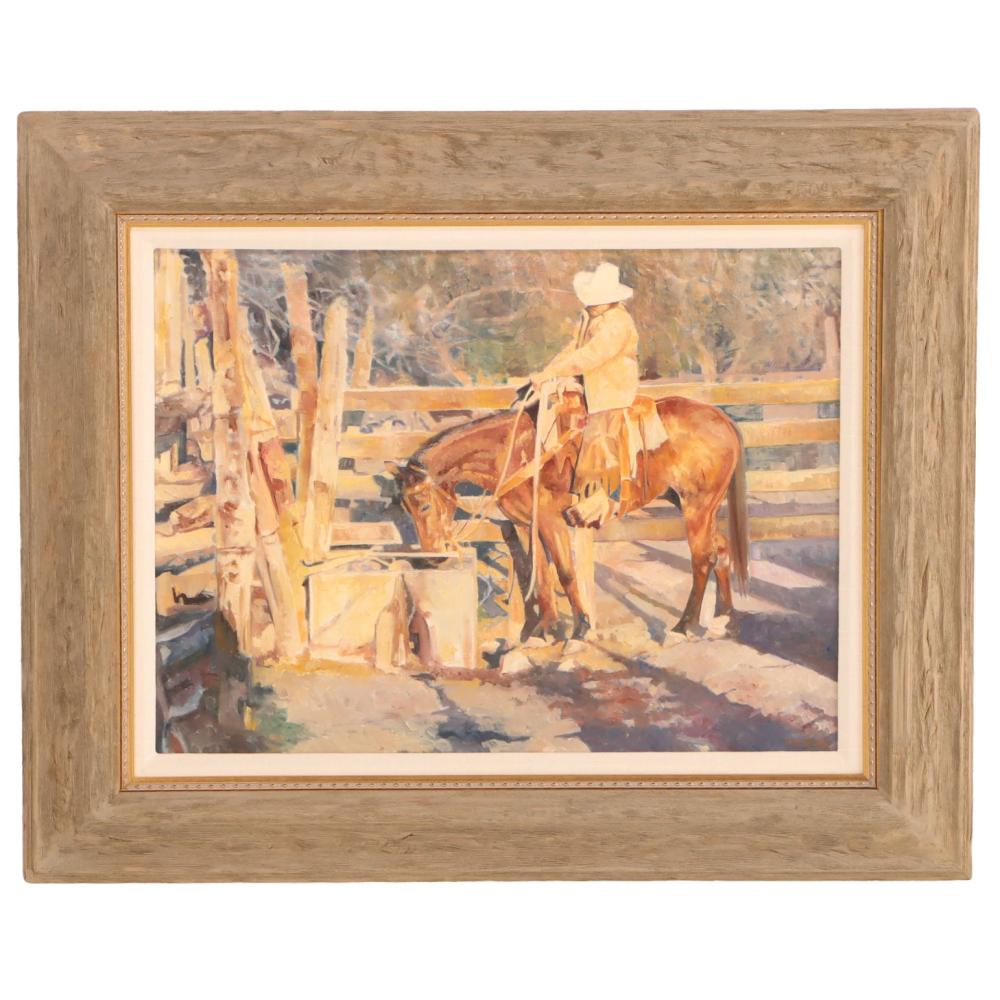 Tom Dorr comparable auction result: tom dorr american b 1950 a m drinkin oil on canvas signed tom dorr