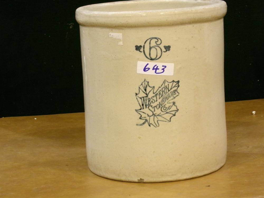 6 GAL. WESTERN STONEWARE CROCK sold by McCurley Auction Company, lot 643 — auction record photograph
