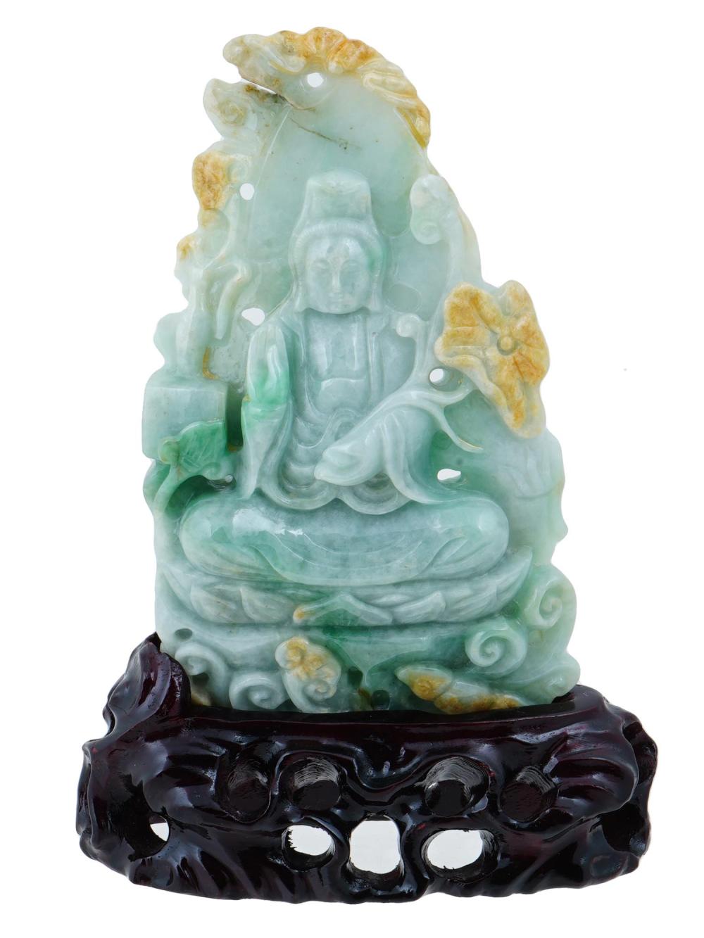 CHINESE CARVED JADE KVAN YIN STATUE ON WOOD STAND sold by Antique Arena Inc, lot 353 — auction record photograph