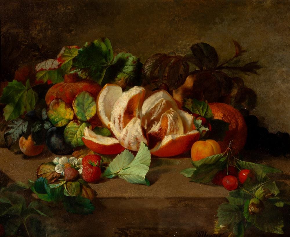 Josep Mirabent Gatell comparable auction result: jos mirabent gatell barcelona 1831 1899 fruit still life oil on cardboard signed in the lower right corner the frame is missing