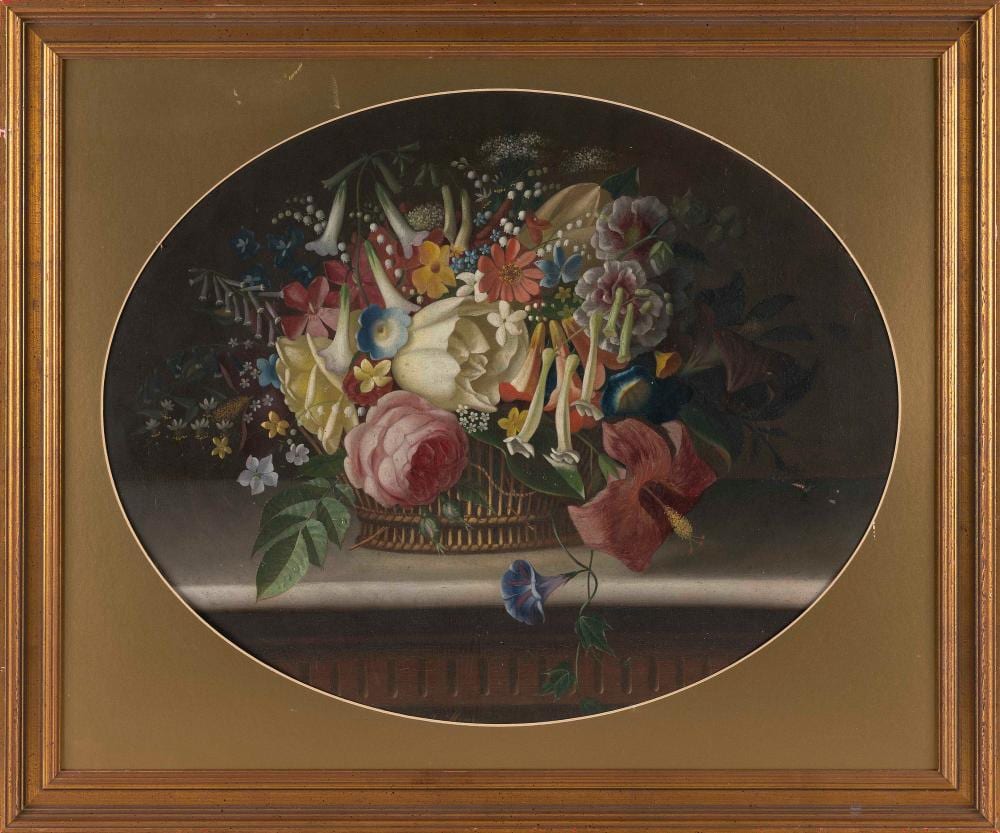 MICHELANGELO MEUCCI comparable auction result: michelangelo meucci italy 1840 1909 bountiful still life of flowers oil on canvas oval 18 5 x 23 5 sight framed 25 x 30