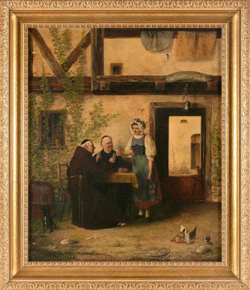 Ludwig Kohrl comparable auction result: ludwig kohrl germany 1858 1927 friars enjoying a drink outside an inn oil on canvas 27 x 22 framed 32 5 x 37 5