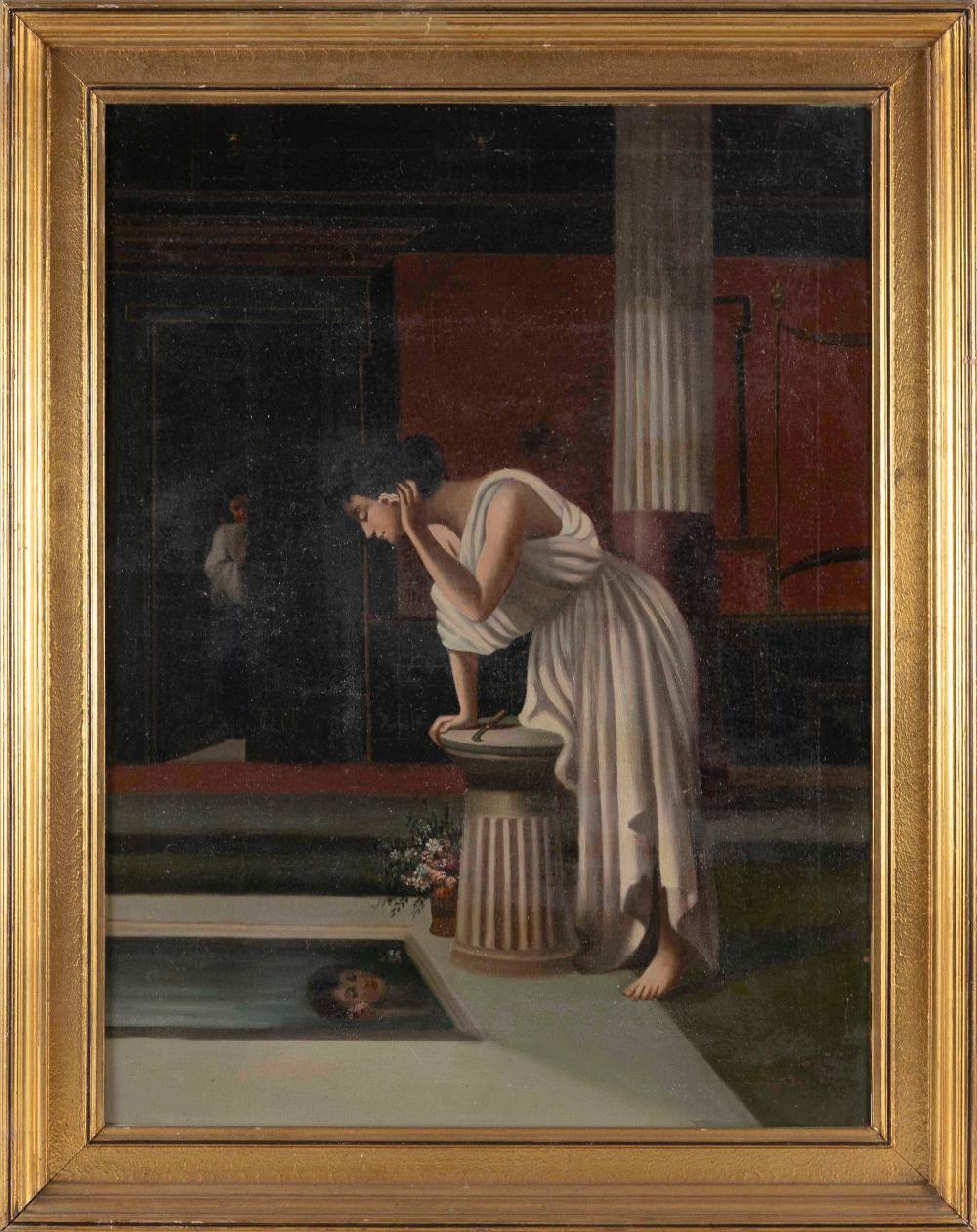 Carlo Ciappa comparable auction result: carlo ciappa italy 1890 1970 a woman standing over a reflecting pool oil on canvas 30 x 22 framed 36 x 28