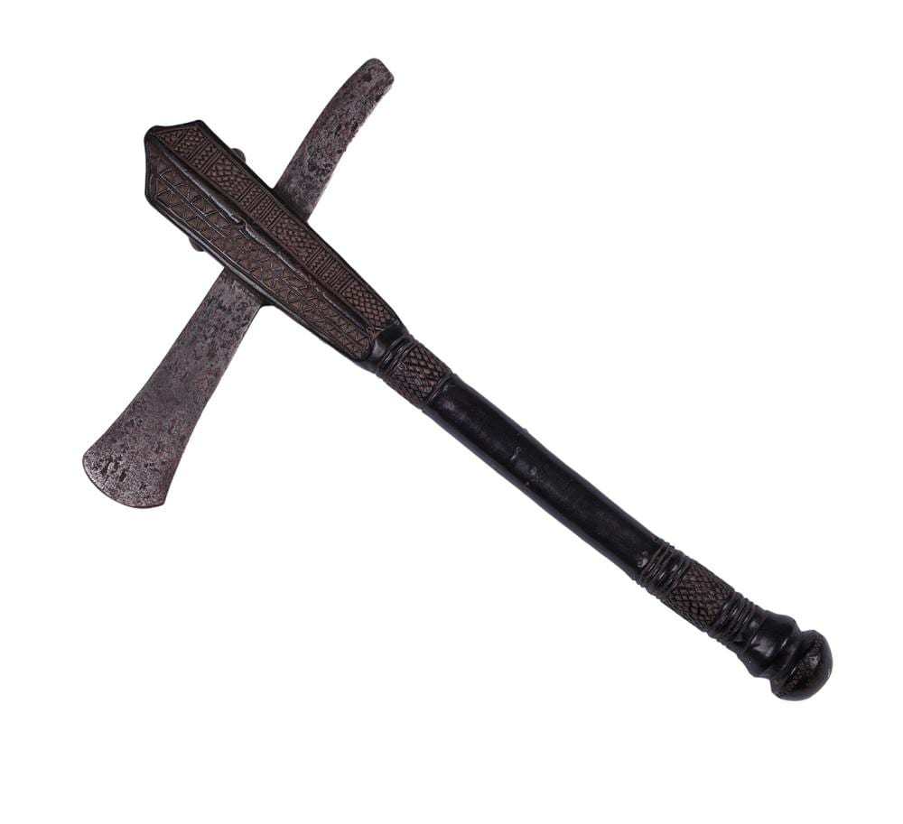 Hand axe or tomahawk with an iron blade and patterned leather-wrapped handle, photographed on a white background.
