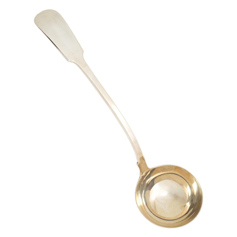 Shiny silver-toned ladle with a round bowl and long handle, photographed against a white background.