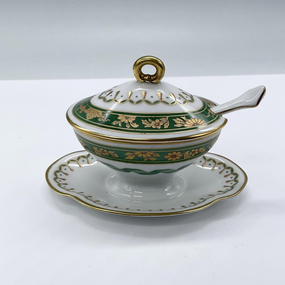 Richard Ginori Pincio Green Oval Lidded Mustard Pot & Spoon sold by Lion and Unicorn, lot 37 — auction record photograph