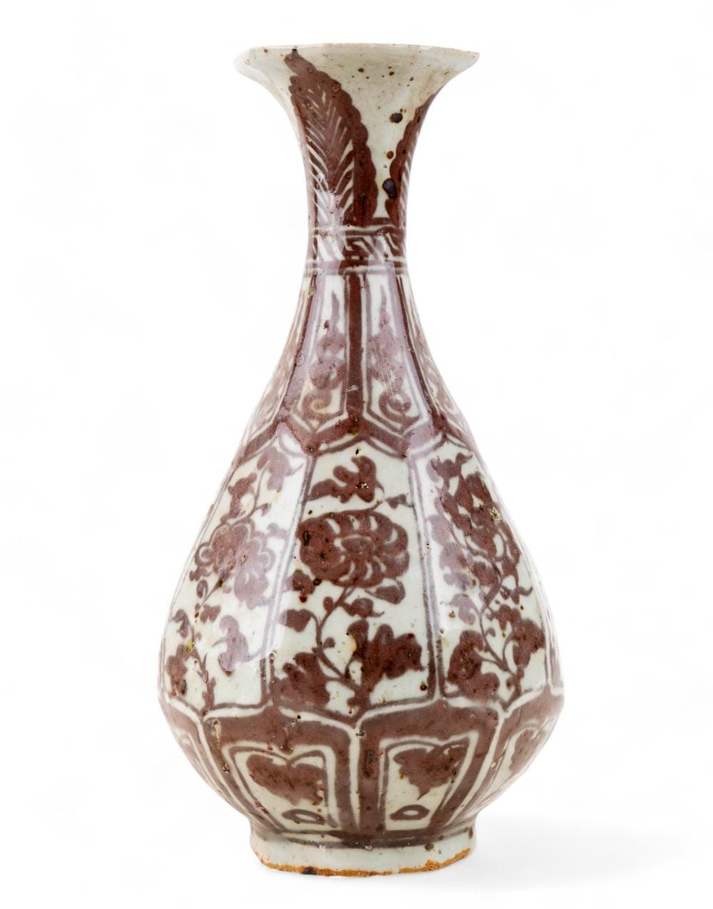 White vase with brown-red floral and geometric designs, narrow neck and flared rim.