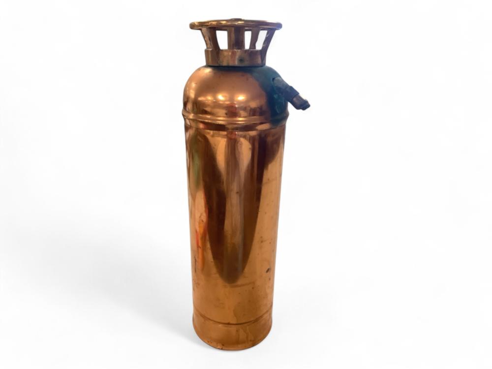 Antique Brass and Copper Fire Extinguisher Measures 23.5” tall. sold by Apple Tree Auction Center, lot 4043 — auction record photograph