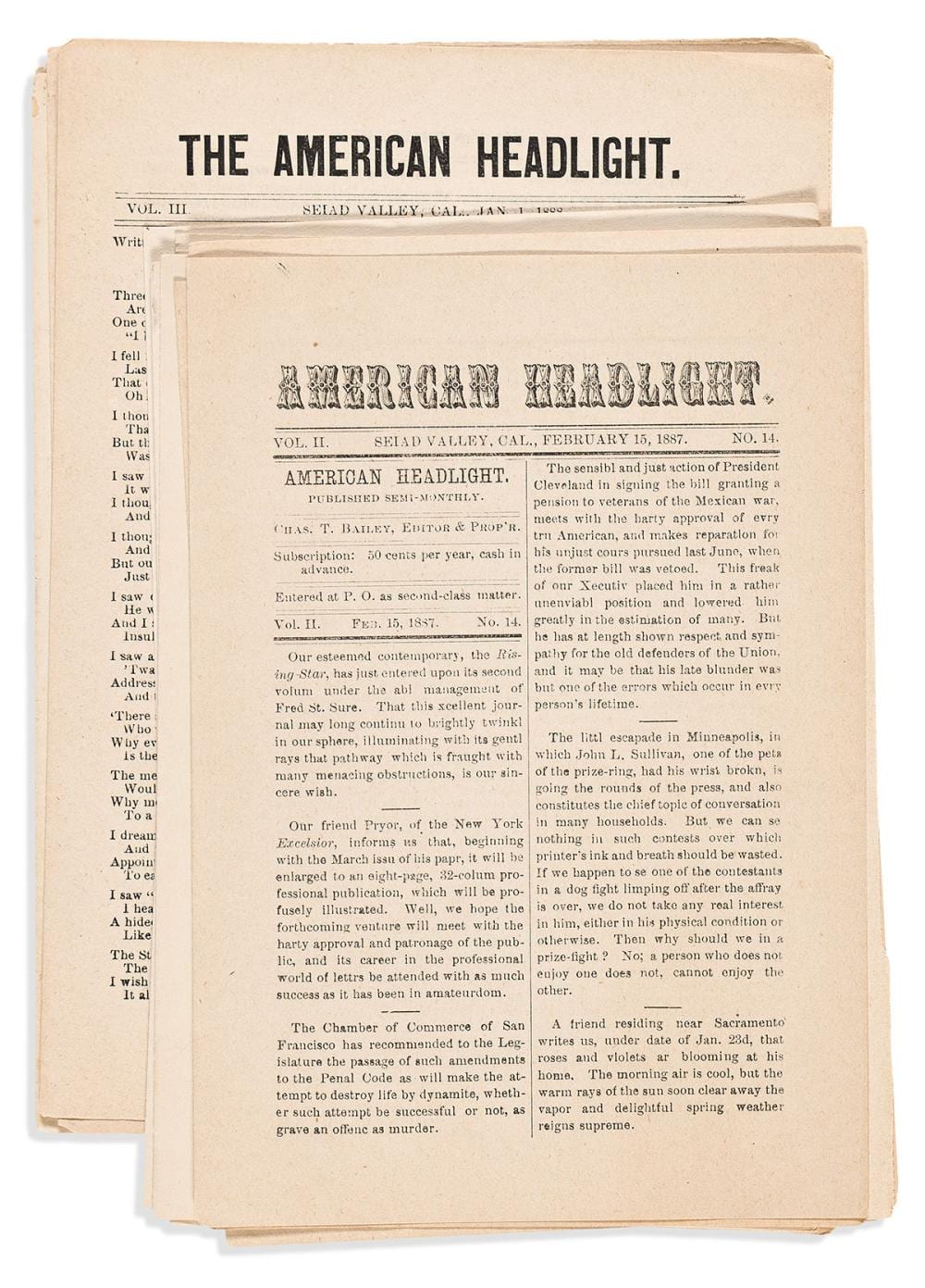 Two issues of a vintage newspaper titled “THE AMERICAN HEADLIGHT,” with printed columns and page numbers.