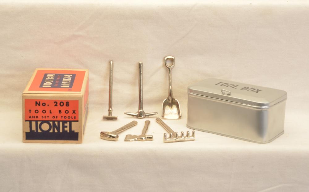 Lionel Prewar 208 Aluminum Tool Box w/Six Nickel Plated Tools MINT Boxed sold by Stout Auctions Toy and Train Specialists, lot 2156 — auction record photograph
