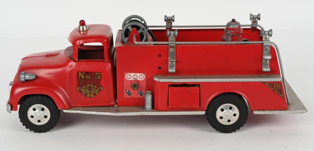 Red toy fire truck with a ladder mounted on the front and black wheels, shown side view against a white background.