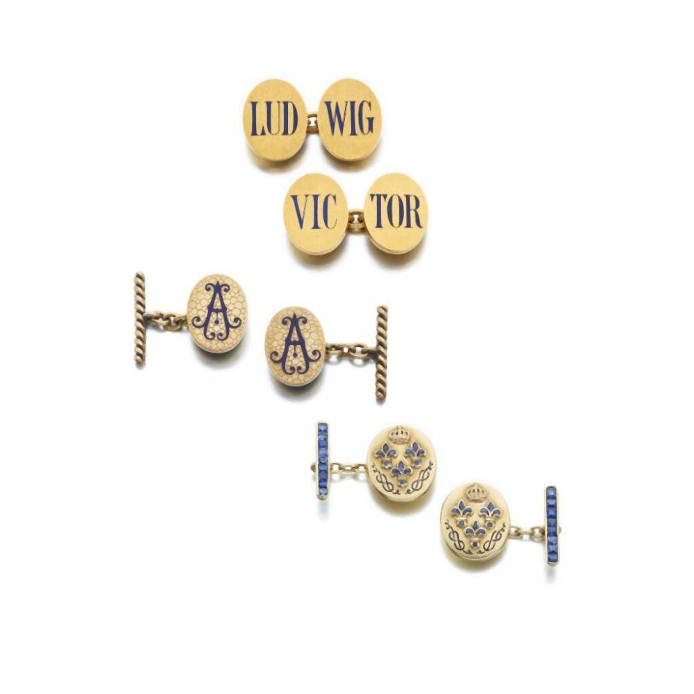 Collection of gold, enamel and sapphire presentation cufflinks, late 19th century and circa 1939 sold by Sotheby's, lot 1002 — auction record photograph