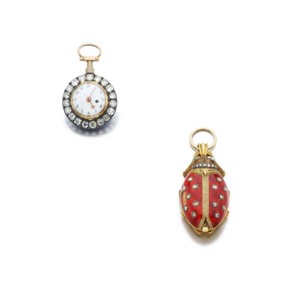 Enamel and diamond pocket watch, mid-19th century and an enamel and diamond pendant watch, circa 1880 sold by Sotheby's, lot 1044 — auction record photograph