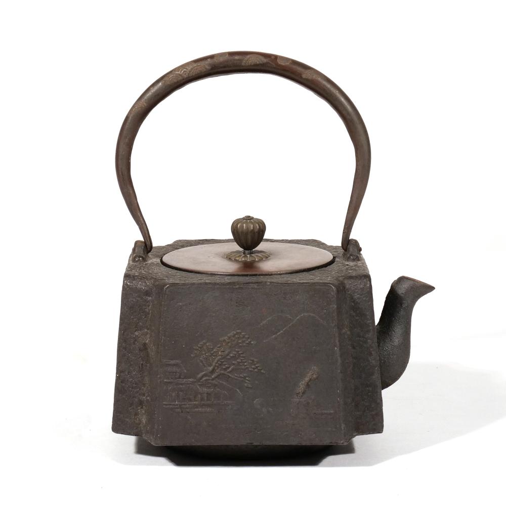 Cast iron teapot with arched handle and spout, round lid, and engraved design panel on a white background.