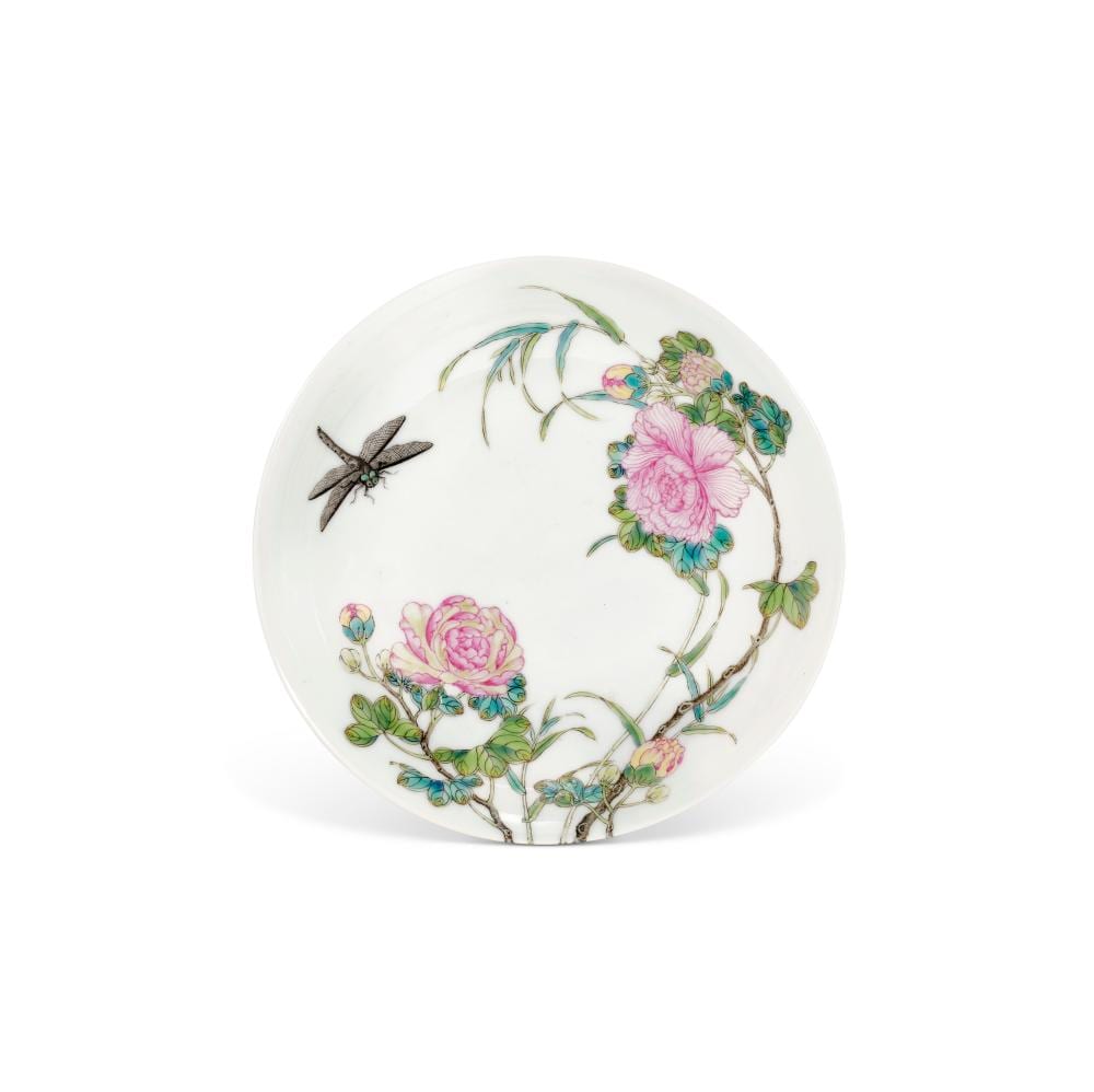 A Famille Rose ‘HIBISCUS AND DRAGONFLY’ DISH. YONGZHENG SIX-CHARACTER MARK comparable sale