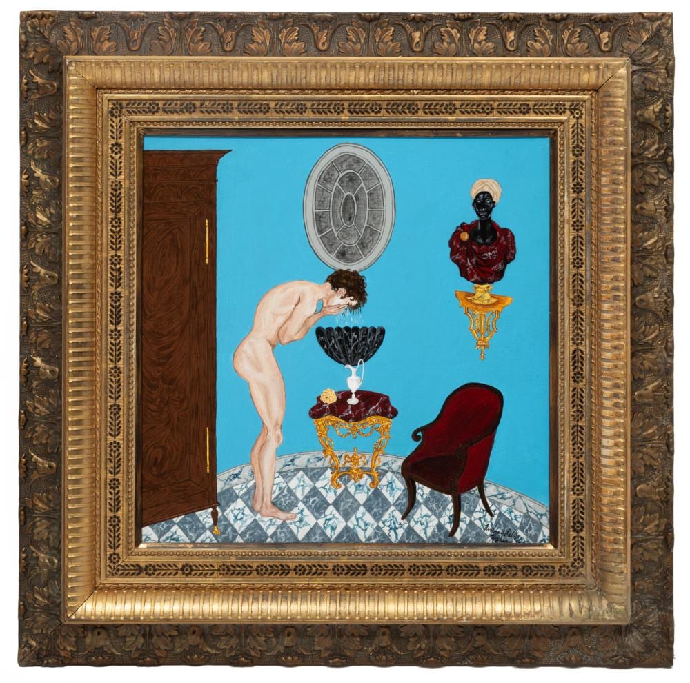 Andrew LaMar Hopkins comparable auction result: andrew lamar hopkins american louisiana b 1977 louisiana wash basin acrylic on canvas board 12 in x 12 in