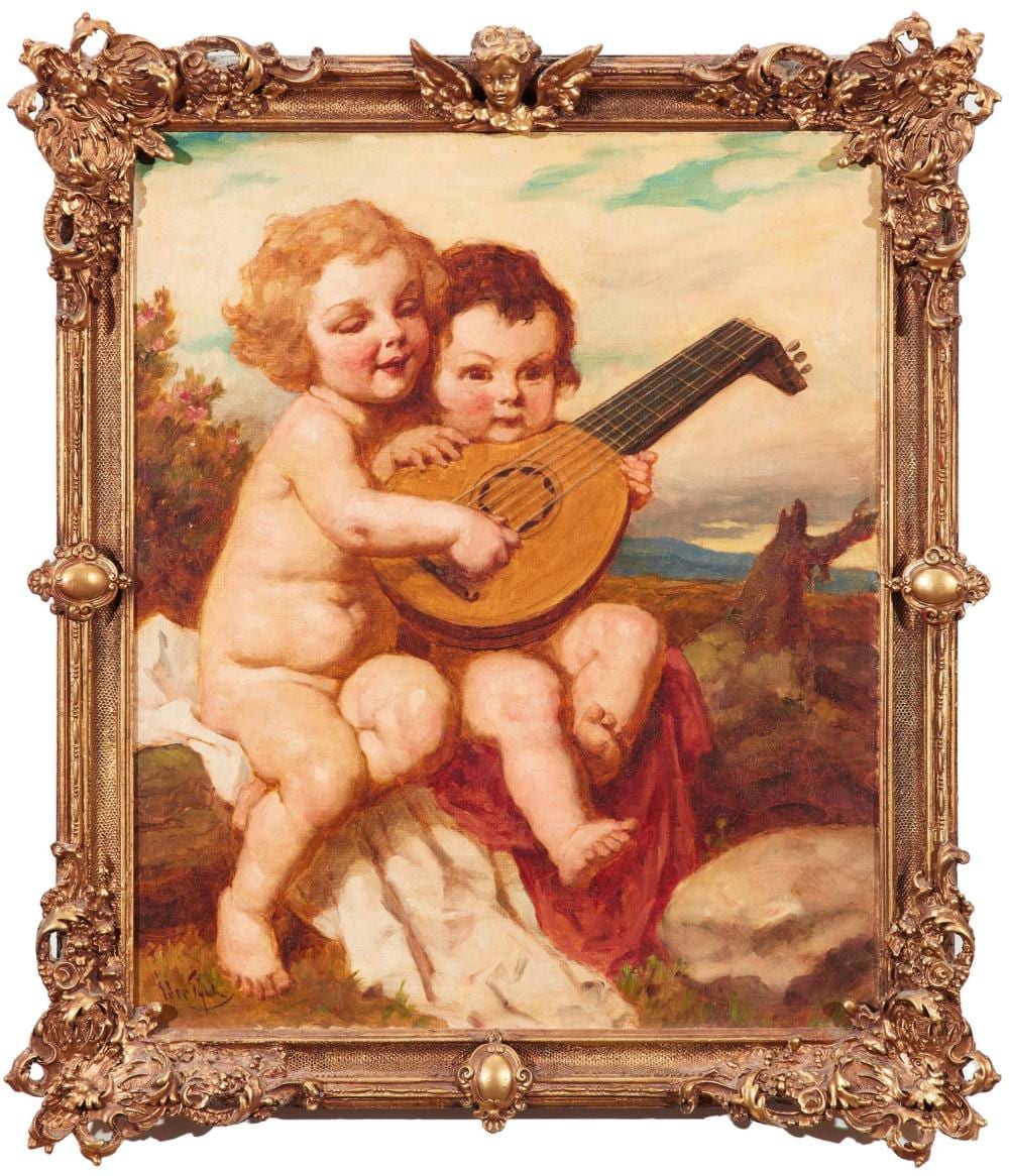 gyula der hungarian 1875 1945 two putti making music oil on canvas 59 x 49cm 70 x 64cm framed · Leonard Joel · 2024-11-13 Gyula Éder comparable auction result: gyula der hungarian 1875 1945 two putti making music oil on canvas 59 x 49cm 70 x 64cm framed