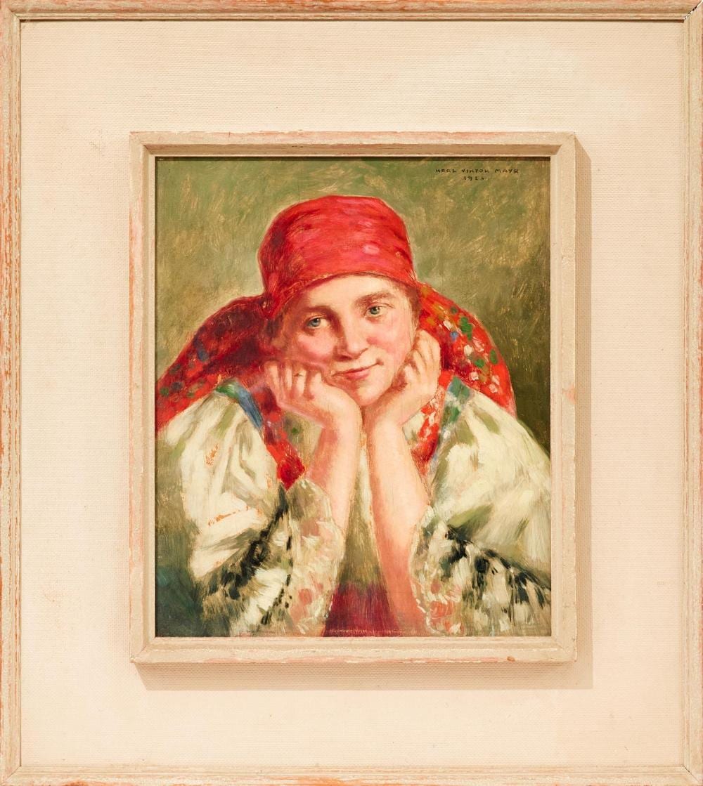 Karl Viktor Mayr comparable auction result: karl viktor mayr austrian 1881 1975 portrait of a woman in red head scarf 1923 oil on panel 31 5 x 26cm