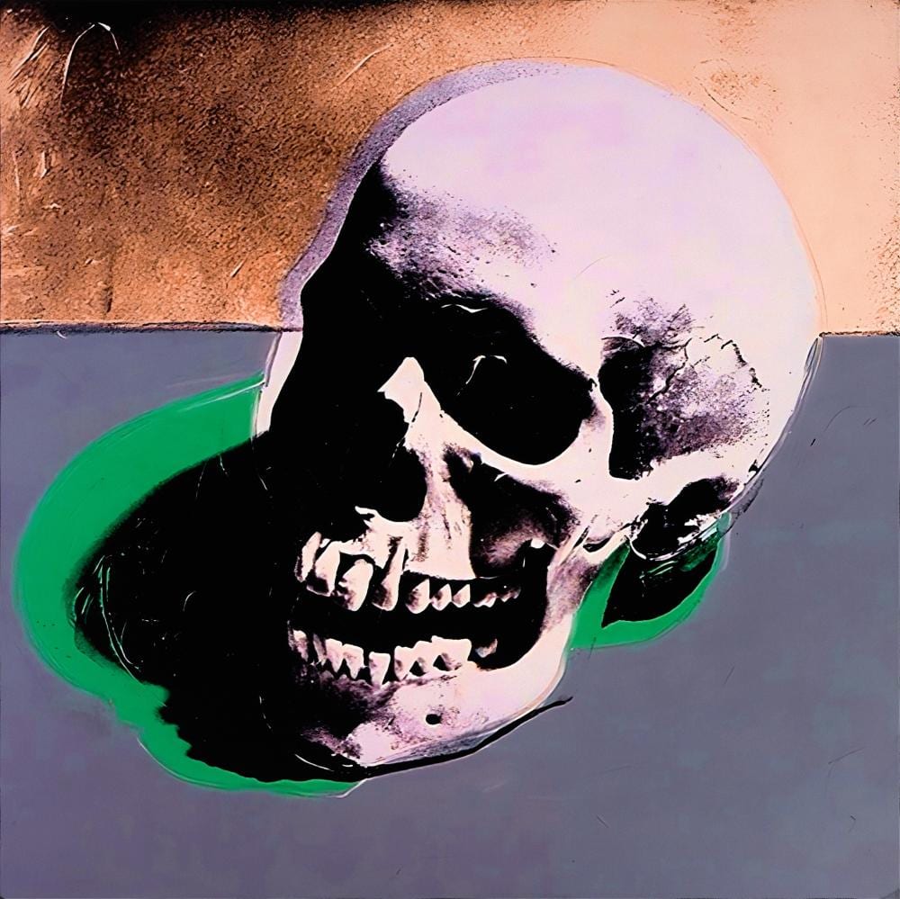 Square skull image in black and pale pink against a gray and peach background with a green shadow.