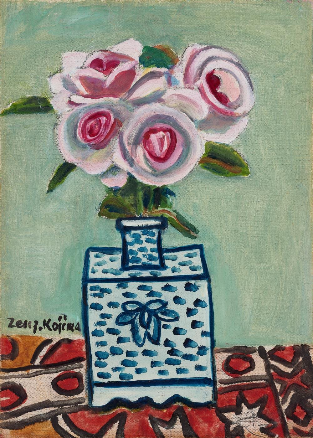 Zenzaburo Kojima comparable auction result: zenzaburo kojima 1893 1962 yi dynasty vase and roses oil on canvas laid