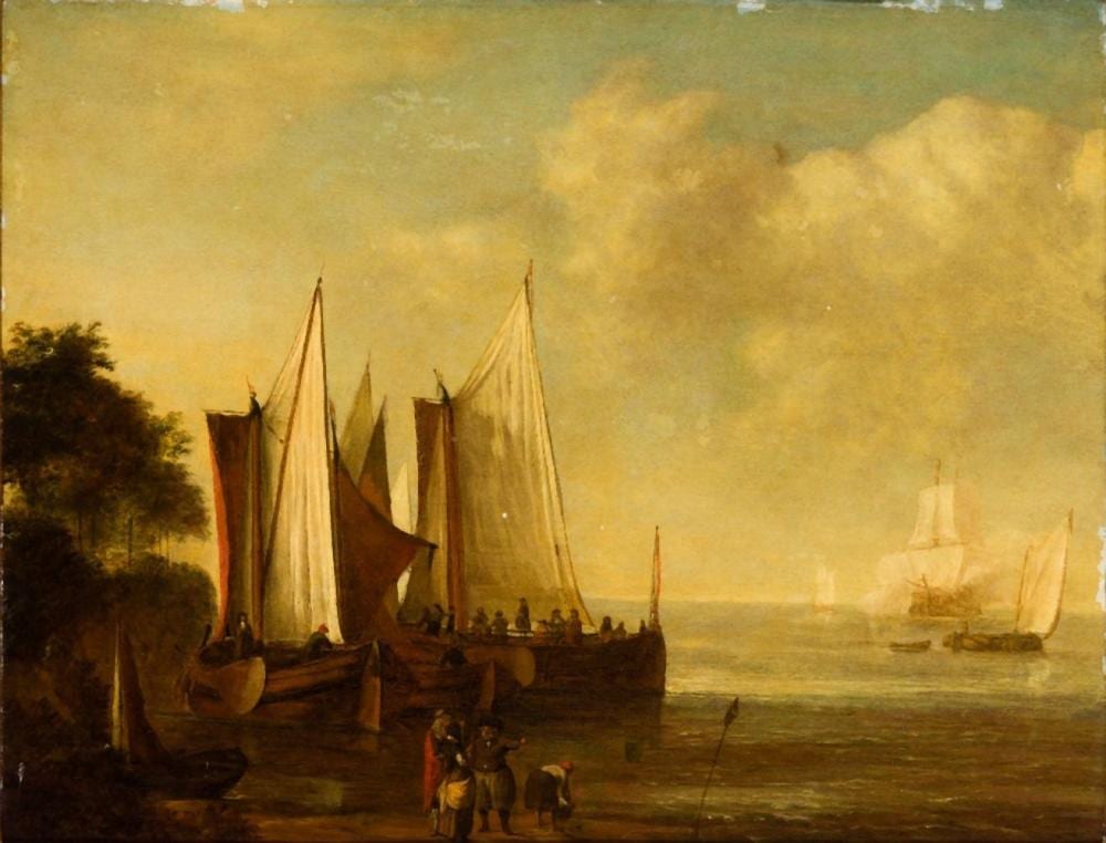 Lieve Verschuir comparable auction result: lieve pietersz verschuier dutch c 1630 1686 sailing barges off the coast with figures standing