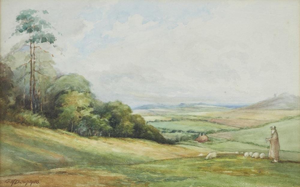 George Henry Downing comparable auction result: george henry downing british 1878 1940 a shepherd and his flock in a landscape watercolour o