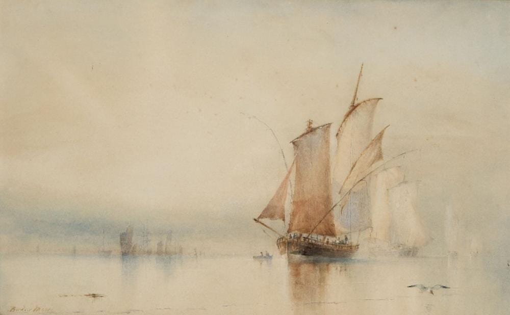 Barlow Moore comparable auction result: barlow moore british 1834 1897 fishing vessels in calm and misty waters pencil and watercolo