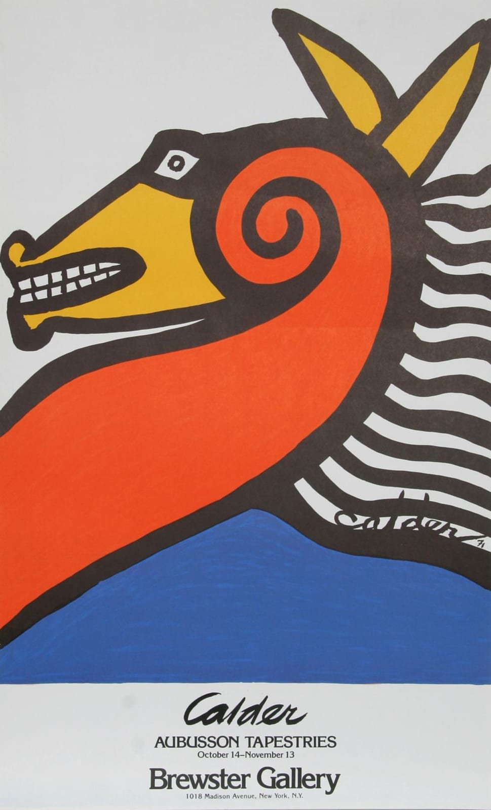 Color lithograph poster showing an abstract face-like form in orange, black, yellow, and blue with bold eye and wavy stripes, signed at bottom.