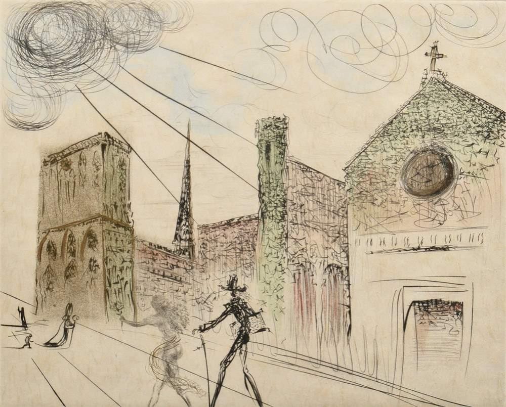 Dali, Salvador (1904-1989) ‘Notre Dame de Paris’, colour etching, XXX/C, signed/numbered, signature dry-stamped lower right, verso adhesive label ‘Galerie Boisserée/ Köln’, free framed, PM 31.8x39.7cm, SM 51x65.5cm (w.f. 58x72cm) sold by Kendzia, lot 1209 — auction record photograph