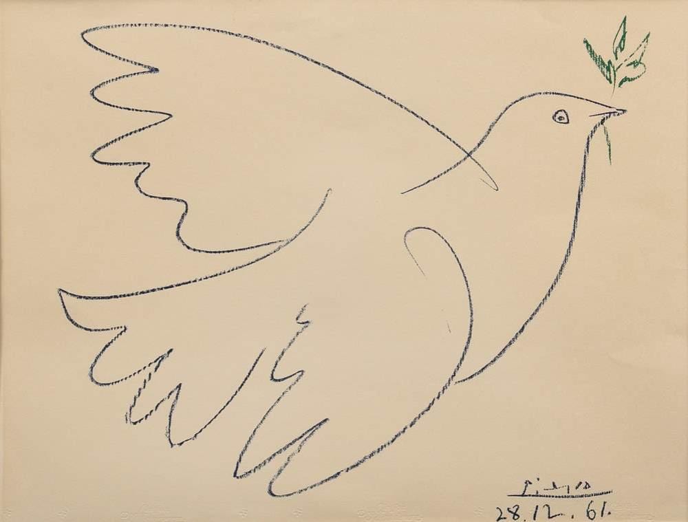 Picasso, Pablo (1881-1973) ‘La Colombe de la Paix (Dove of Peace)’ 1961, colour lithograph, signed/dated in stone lower right, dry stamp ‘Chiffon De Mandeure’, verso adhesive label ‘Galerie Alfred Lochte/ Hamburg’, mounted in passepartout, 44x53cm, sold by Kendzia, lot 1295 — auction record photograph
