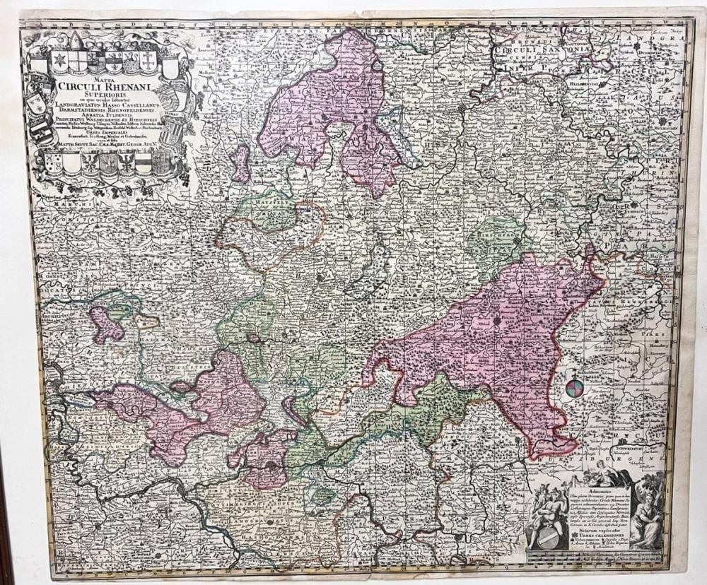 Hand-colored engraved map showing a detailed region with borders, place names, and decorative cartouche at left.