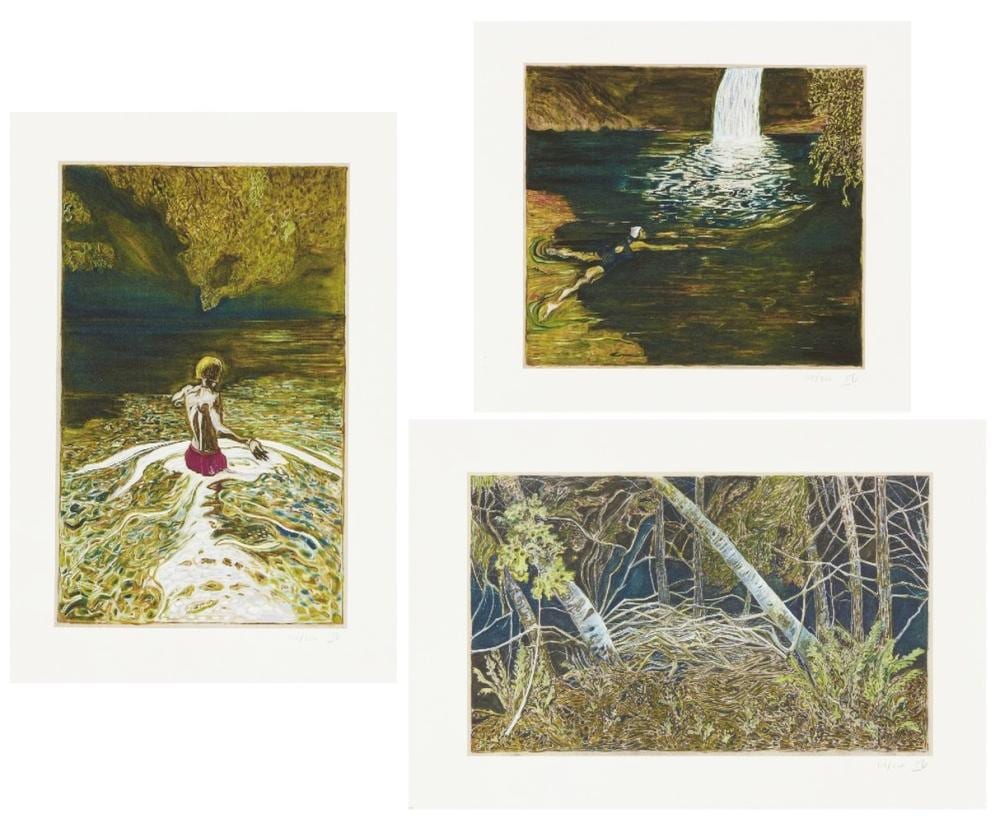 Billy Childish comparable auction result: billy childish swimmer and waterfall night forest wading out 2019