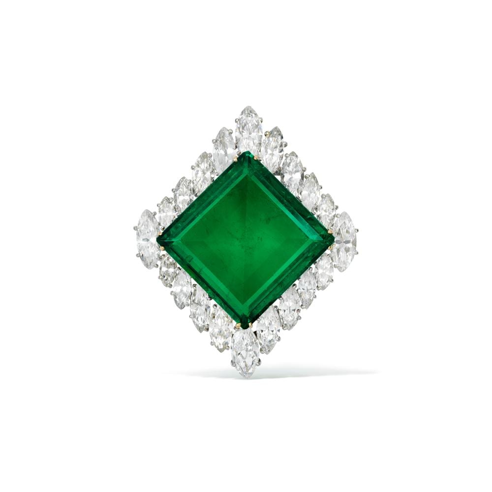 The Aga Khan Emerald Sensational Cartier EMERALD AND DIAMOND BROOCH. comparable sale