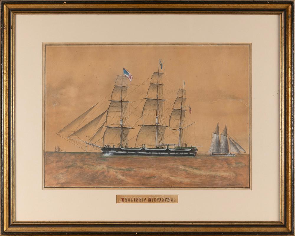 Benjamin Russell comparable auction result: benjamin russell massachusetts 1804 1885 portrait of the whaleship moctezuma mixed media on paper 17 25 x 24 75 sight framed 27 75 x 34 75