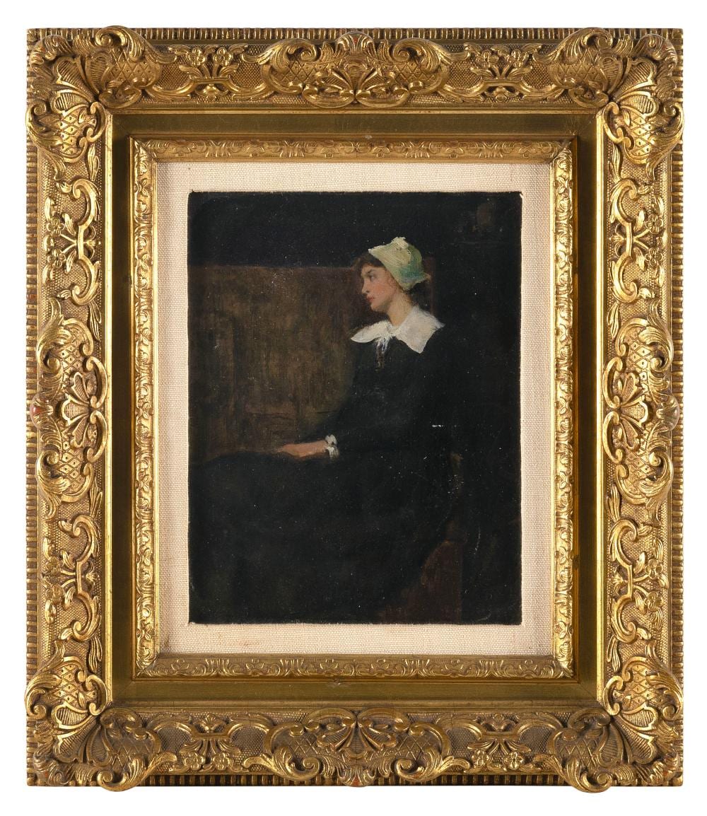 Douglas Volk comparable auction result: douglas volk new york minnesota maine massachusetts 1856 1935 profile portrait of a seated woman oil on board 10 x 8 framed 15 5 x 13 5