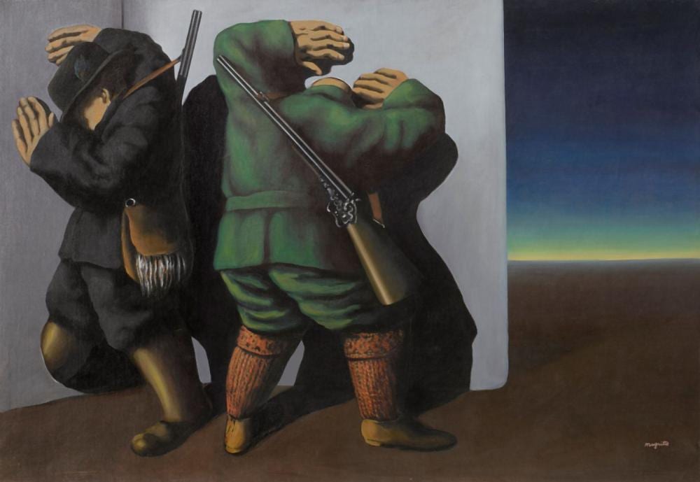 Rene Magritte (1898-1967) - Les chasseurs au bord de la nuit comparable sale