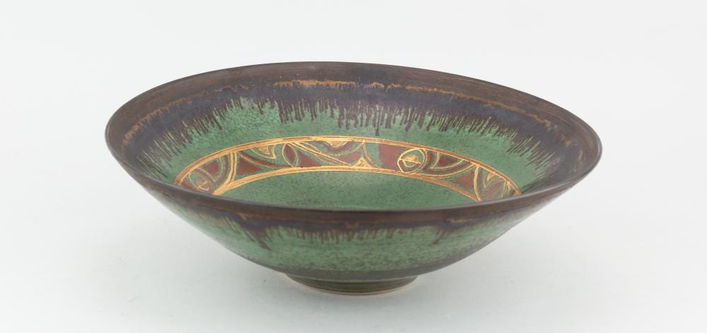 Bridget Drakeford comparable auction result: bridget drakeford born 1946 a large porcelain bowl covered in green glaze with running bronze rim and gilded decoration incised signature disc plate hangers diameter 30 5cm