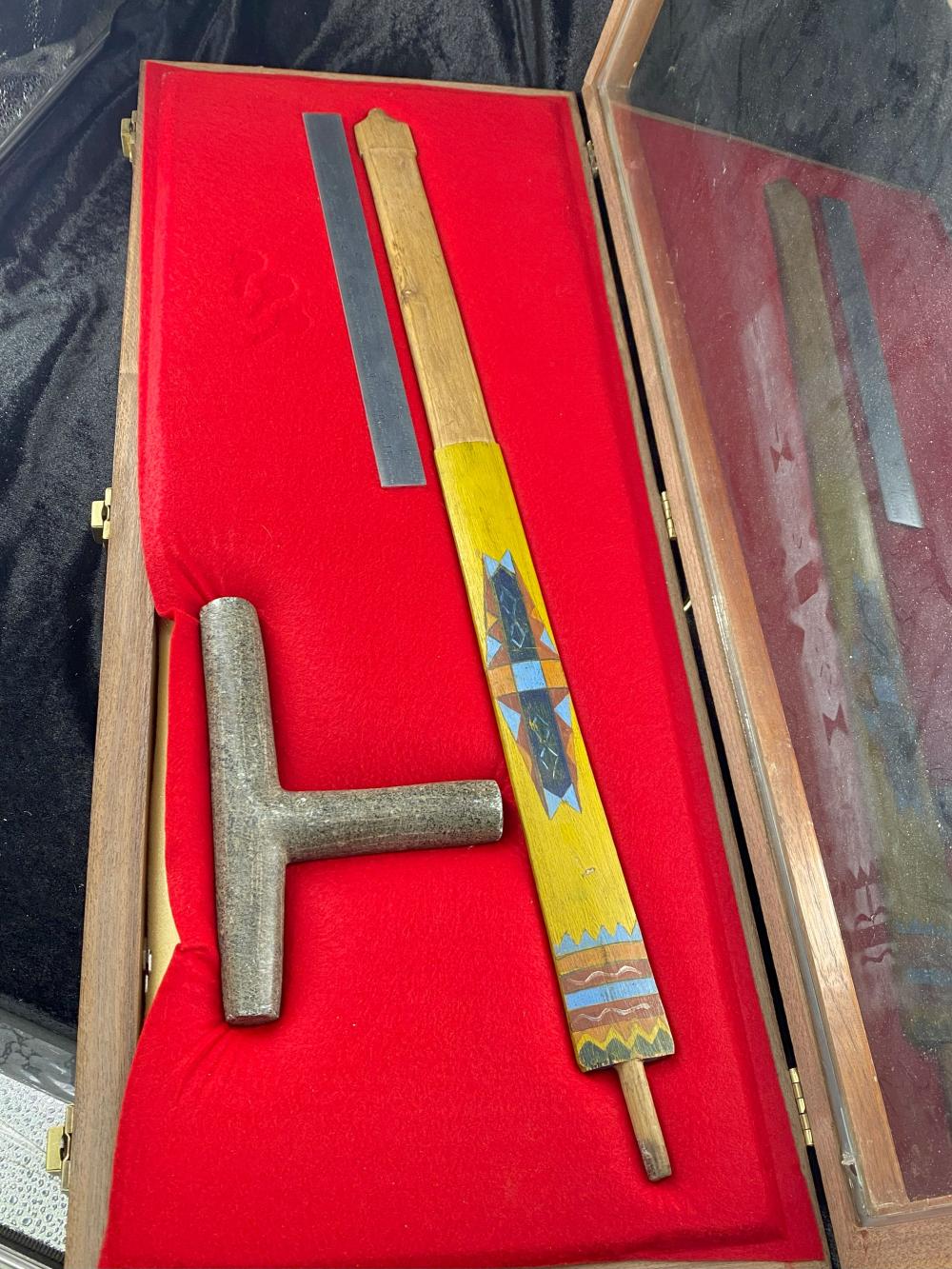 Stone Pipe with Wooden Pipe Stem Beautiful solid wood frame IS included. Very nice display. Indian Artifact Arrowhead sold by Mike Nichols Auctions, lot 478 — auction record photograph
