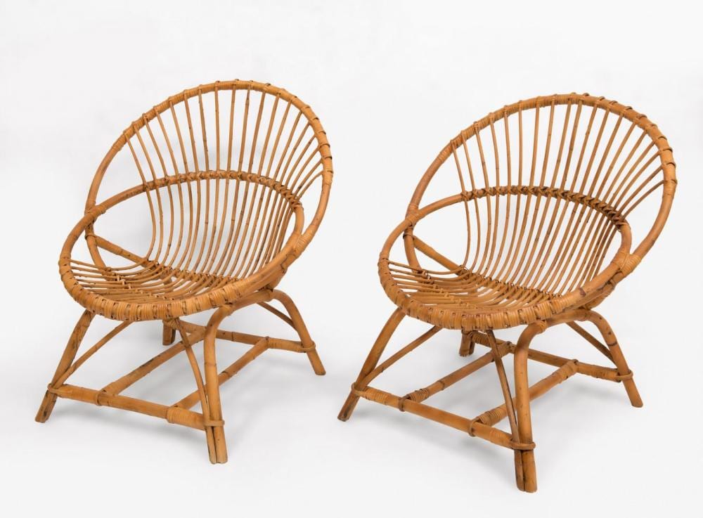 Pair of chairs in the manner of BOCACINA or FRANCO ALBINI; Italy, 1960s. "Egg chair. Wicker. sold by Setdart Auction House, lot 211 — auction record photograph