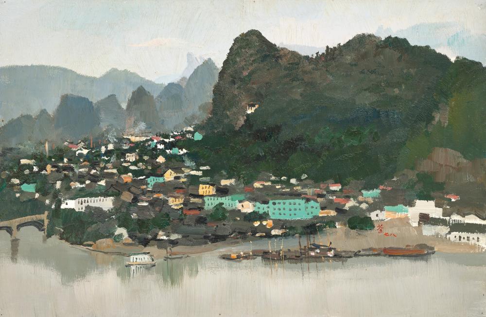 Wu Guanzhong (1919-2010). Sunrise over Guilin. Oil on woodboard, framed 35. comparable sale