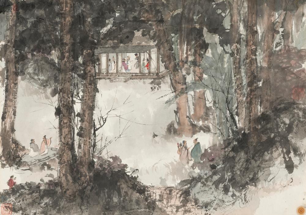 Fu Baoshi (1904-1965). Appreciating Paintings under Trees. Scroll, mounted comparable sale