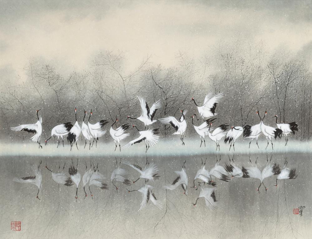 Hukui Lin comparable auction result: lin hukui lam wu fui b 1945 dancing cranes scroll mounted and framed