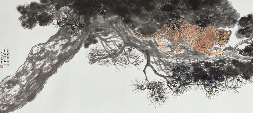 Liu Mengkuan comparable auction result: liu mengkuan b 1950 leopard on pine scroll mounted and framed ink an