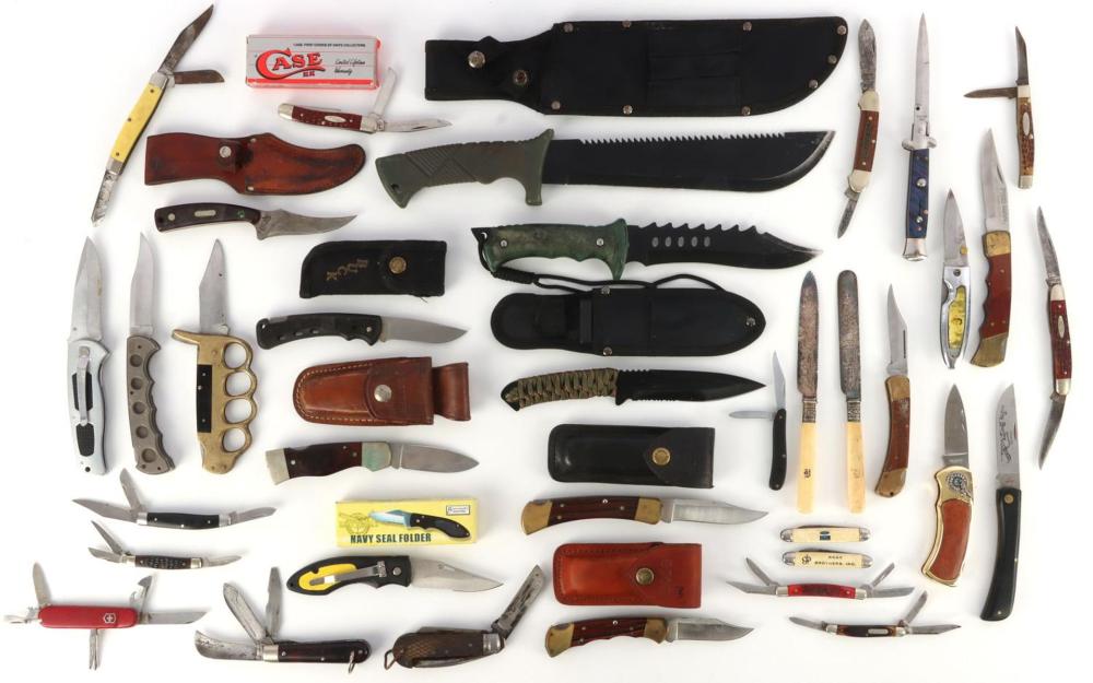 35 KNIFE LOT VINTAGE FOLDING & FIXED BLADE KNIVES sold by Affiliated Auctions & Realty LLC, lot 8197 — auction record photograph