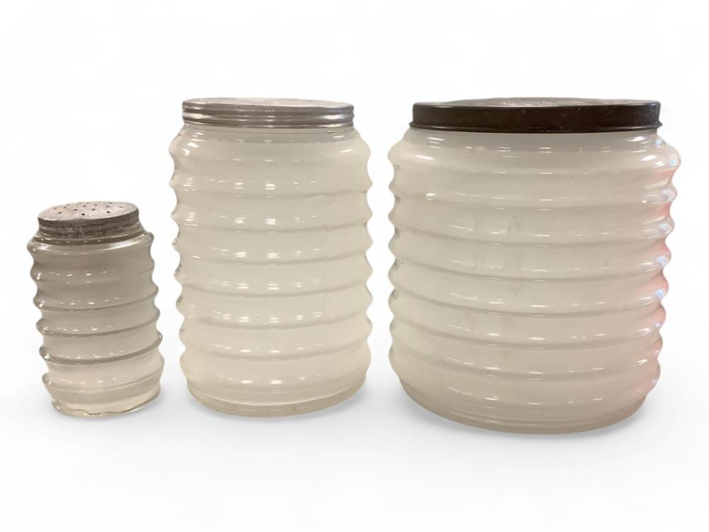 Antique Sellers Hoosier Cabinet Ribbed Glass Canisters sold by Apple Tree Auction Center, lot 4072 — auction record photograph