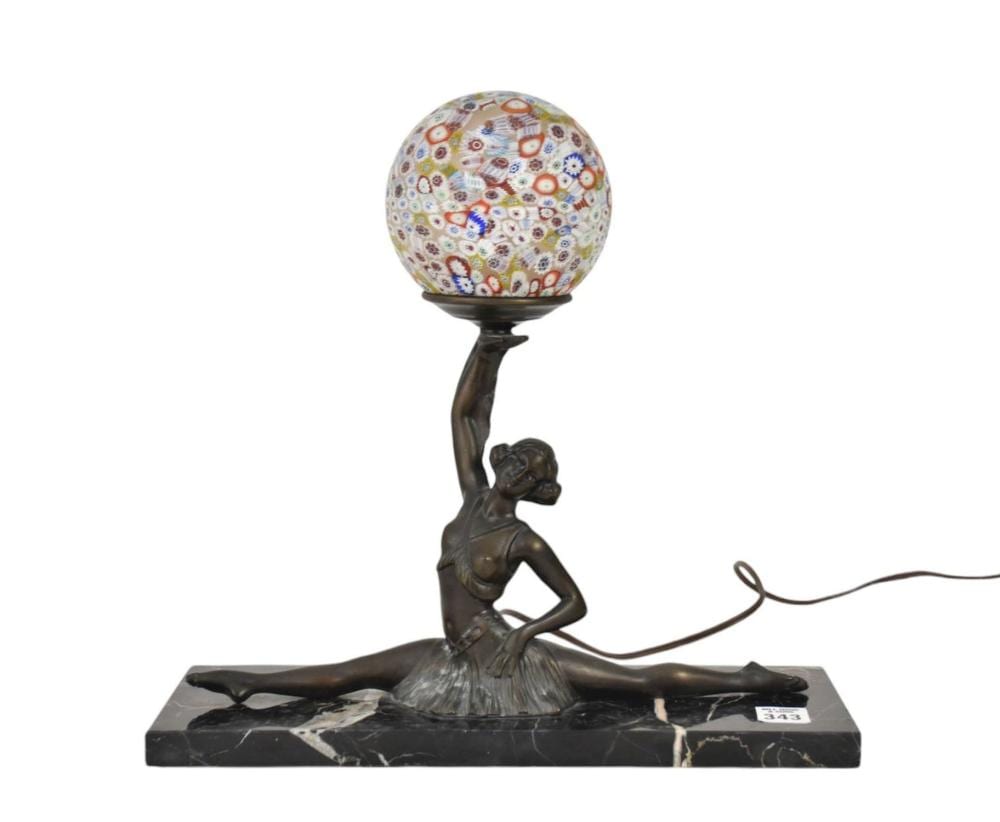 Grand Ecarte Van de Voorde - Deco Style Figural Table Lamp, Millefiori Shade Comes With COA. A table lamp with an Art Deco style patinated dancer sold by Bill Hood & Sons Arts & Antiques Auctions, lot 343 — auction record photograph