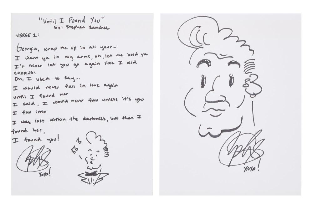 Stephen Sanchez | Handwritten and Signed "Until I Found You" Lyrics with Caricature Drawings sold by Julien's Auctions, lot 849 — auction record photograph