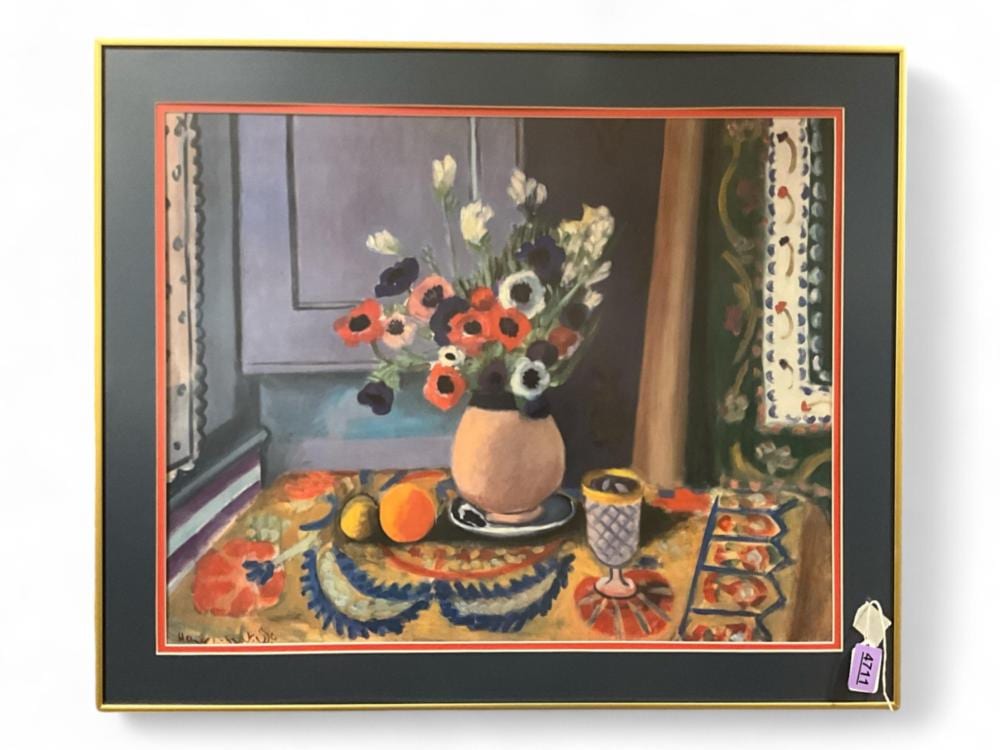 Henri Matisse's "Retrospective Anemones in an Earthenware Vase" Still Life Oil Painting Print 22 3/4 x 27 1/2 in. (57.8 x 69.9 cm.) sold by Apple Tree Auction Center, lot 4711 — auction record photograph