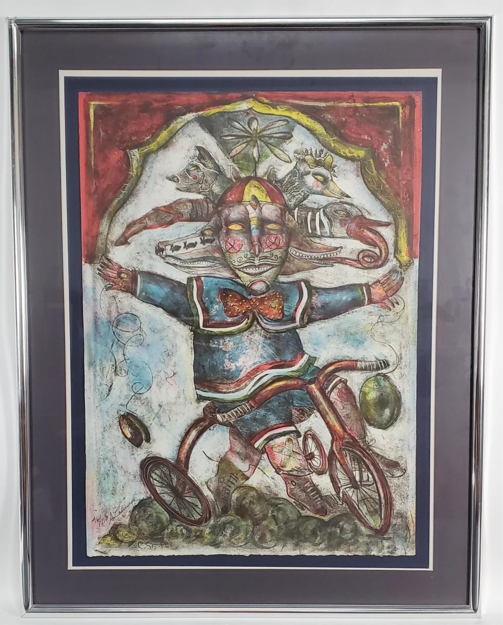 Alejandro Colunga comparable auction result: alejandro colunga mexican b 1948 clown on a tricycle color lithograph signed a colunga and numbered 46 110 sheet 34 1 4 24 3 4 framed 44 x 34 1 2